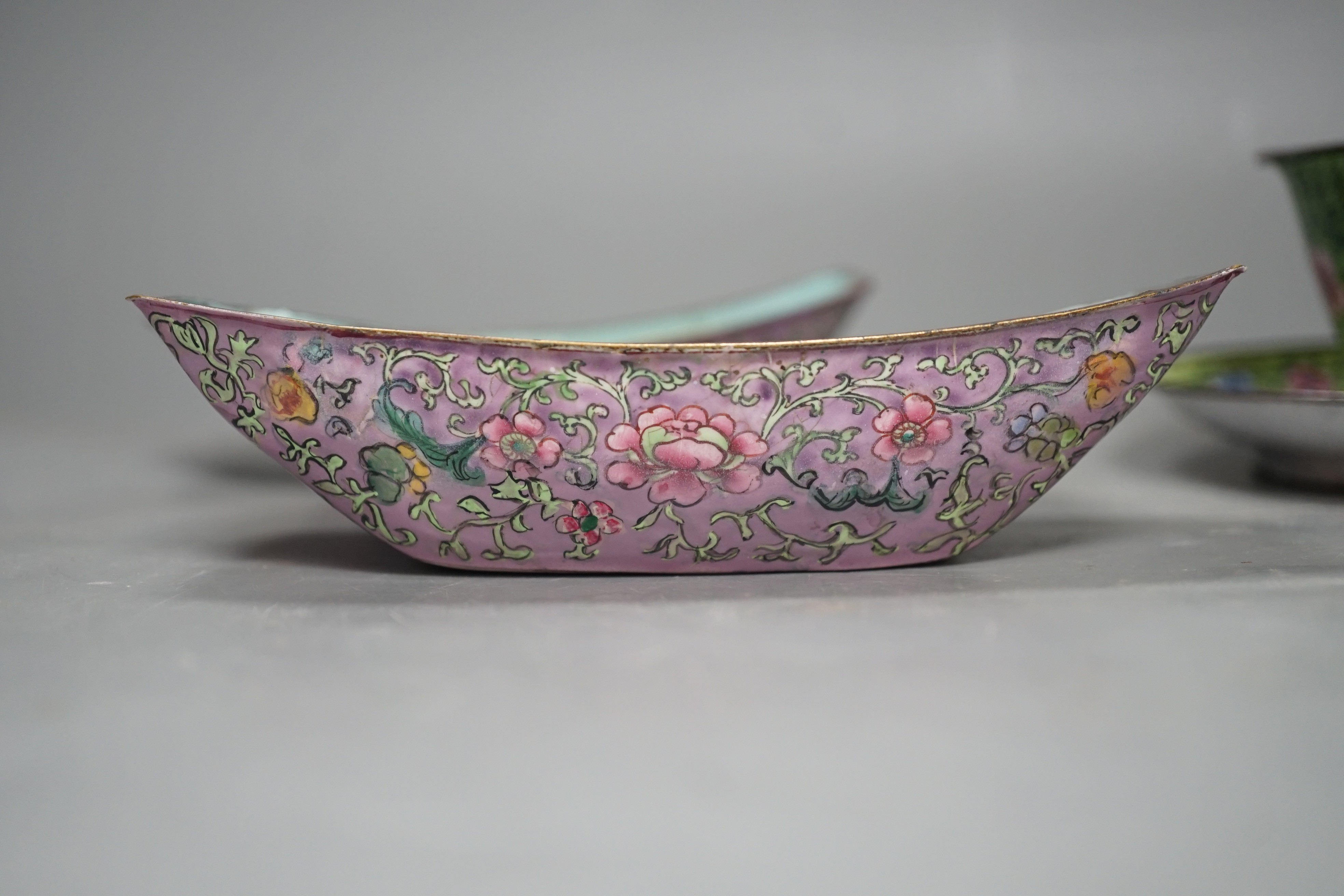 A pair of Chinese Canton enamel boat-shaped dishes, Qianlong; and a Canton enamel bowl and stand (4)